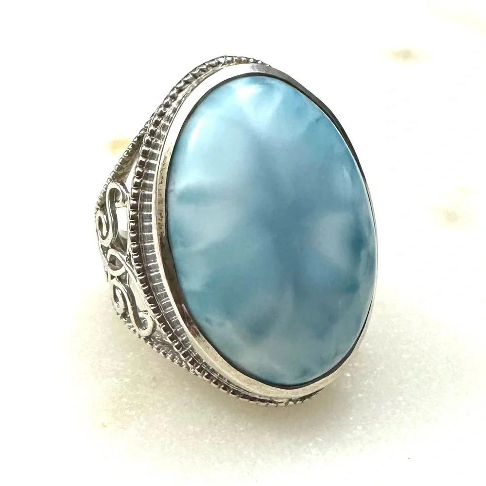 Blue Larimar Large Oval Cabochon Sterling Silver Ring